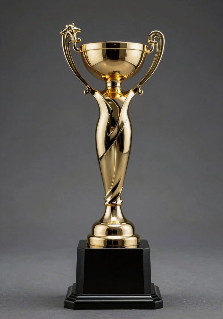 A polished gold award trophy standing on a dark #1A1C20 pedestal. The lighting is dramatic, catching the #A88B57 metallic reflections and emphasizing the prestige of the achievement.