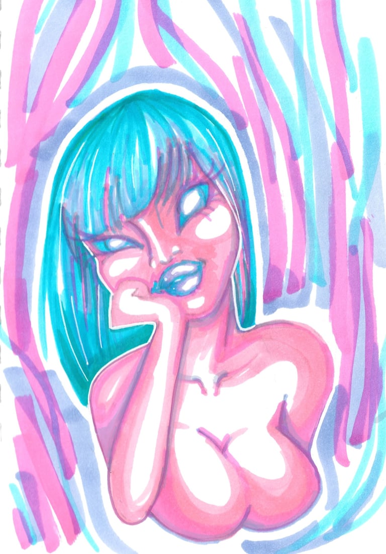 sexy big breast pink woman with blue hair