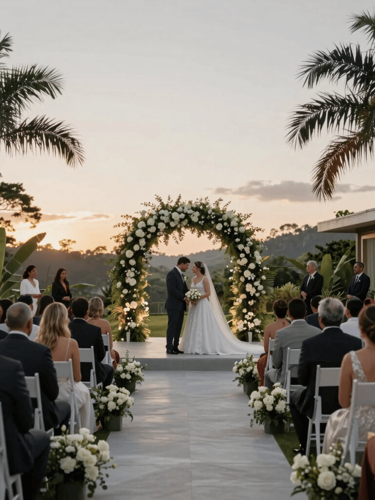 Emotional wide shot of a wedding ceremony in a modern Brazilian garden, sunset lighting, warm gray and white tones, artistic composition focus on the atmosphere.