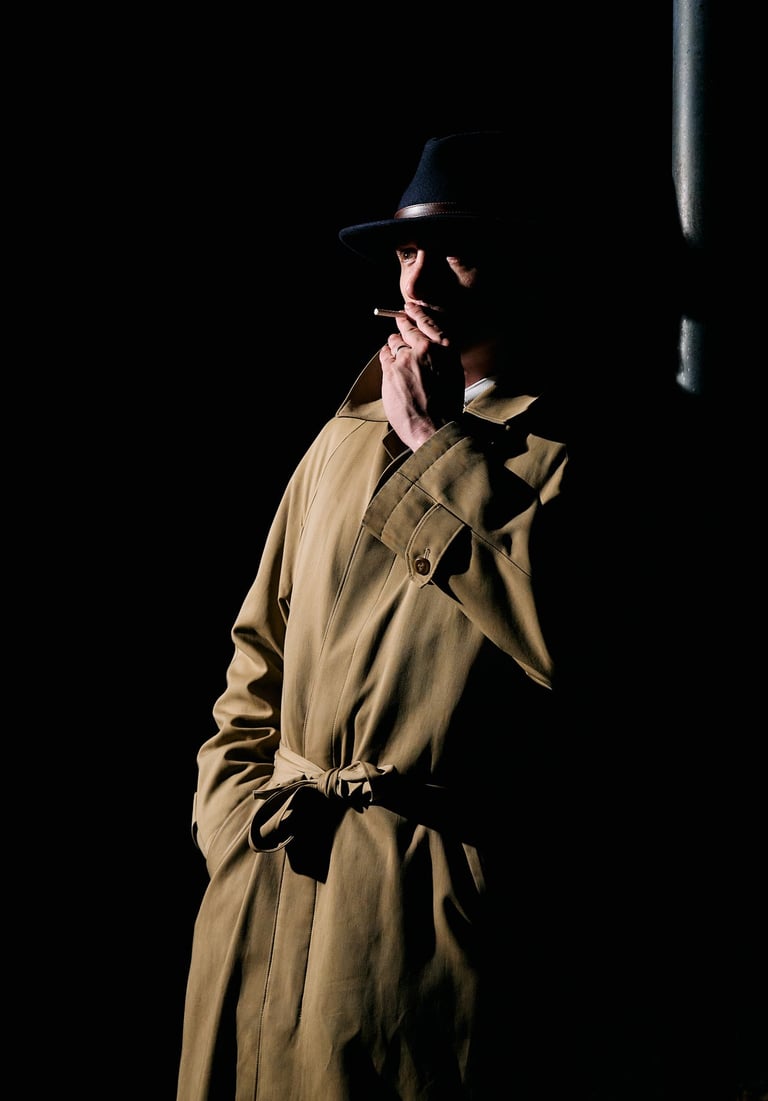 a man in a trench coat with a blue hat smoking a cigarette