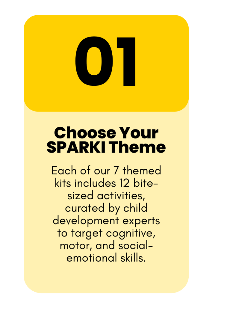 Parent selecting a SPARKI learning kit with 12 child development activities designed to build skills