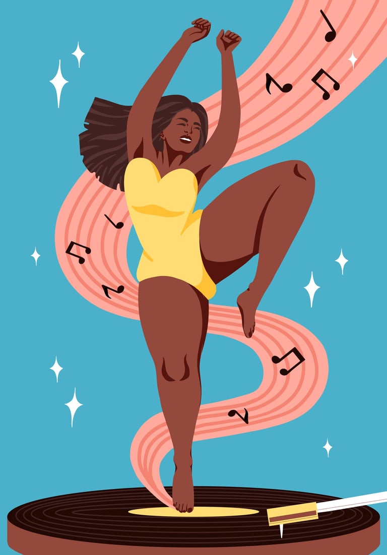 a black woman in a yellow suit is dancing on a vinyl record, music in the background