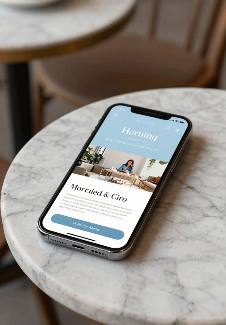 A high-end smartphone on a marble table in a South American / Brazilian cafe, showing a refined personal website, morning light, soft pale blue accents.