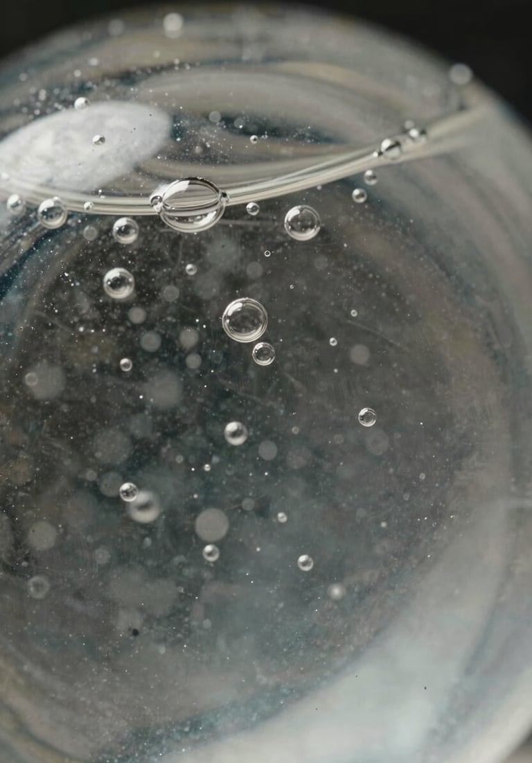 Close-up of clear resin with tiny, pristine air bubbles trapped purposefully to catch light, embodying modern sophistication.