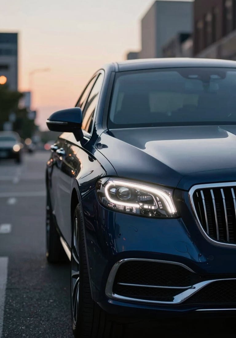 A cinematic shot from a music video featuring a luxury vehicle in a North American / US urban setting at dusk, with soft white and navy light reflections.