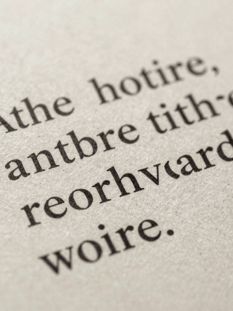 Macro photography of typed prose on textured off-white paper, sharp focus on the ink, sophisticated and introspective aesthetic.