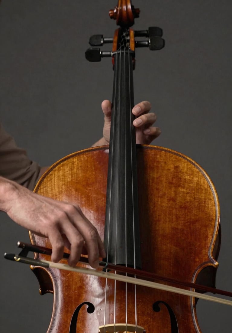 Hands playing a cello, rich wood textures in deep espresso and muted clay, focused and professional composition.
