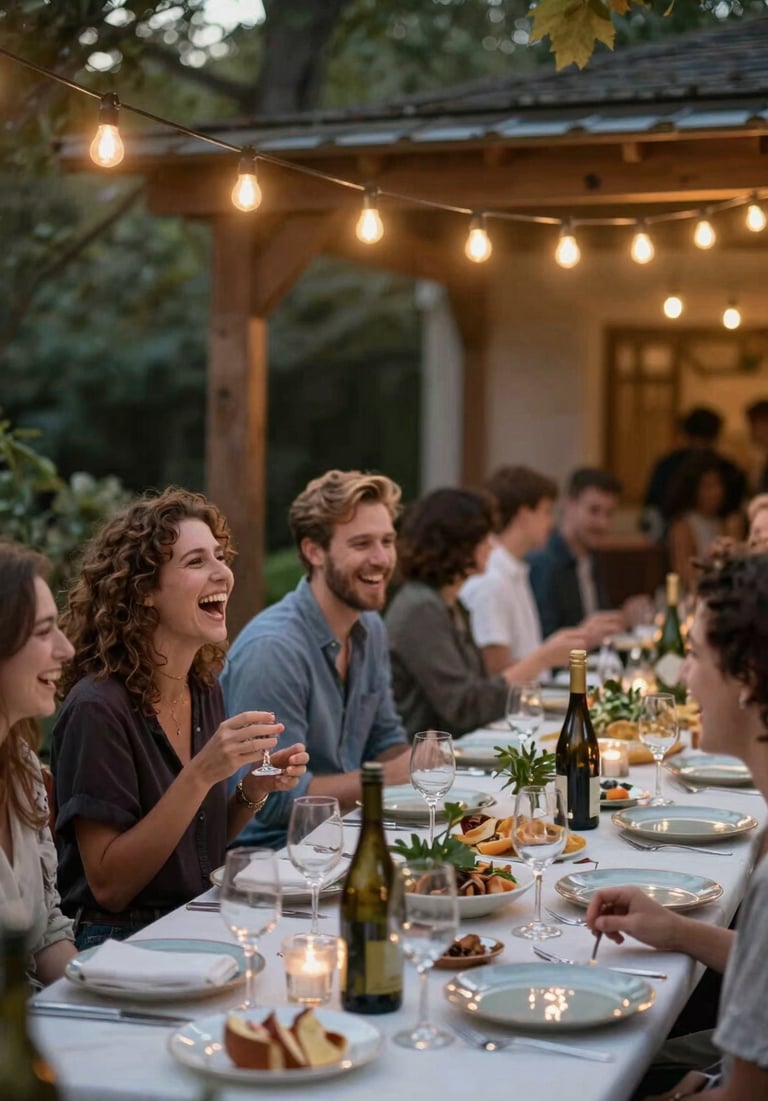 Lively laughter during an outdoor dinner party on a rustic patio, strings of warm lights overhead, genuine and warm emotions.