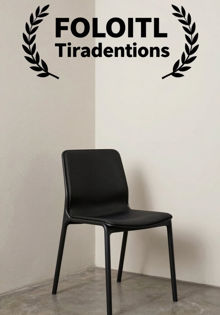 A quiet architectural corner with a single modernist chair, soft off-white walls, carbon black frame, editorial lighting.