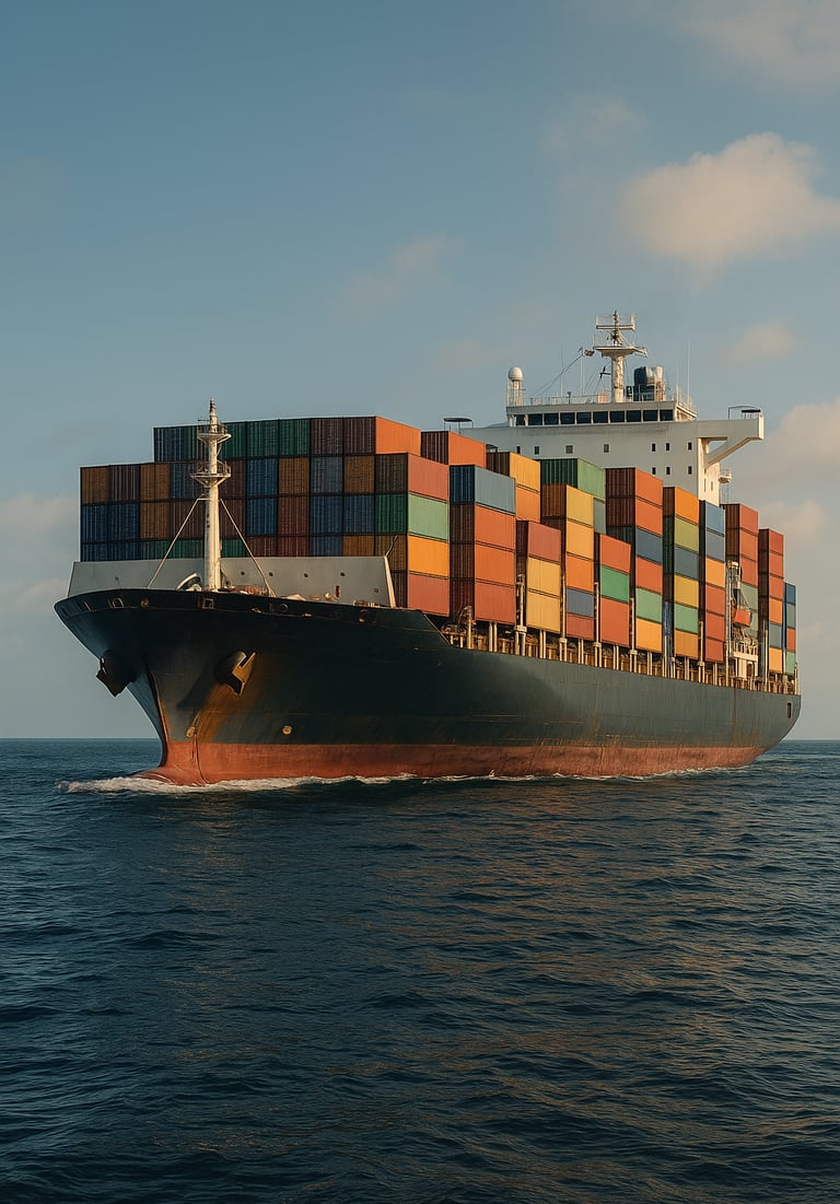 Photograph of a ship on the sea that carry containers of cotton and cotton waste products