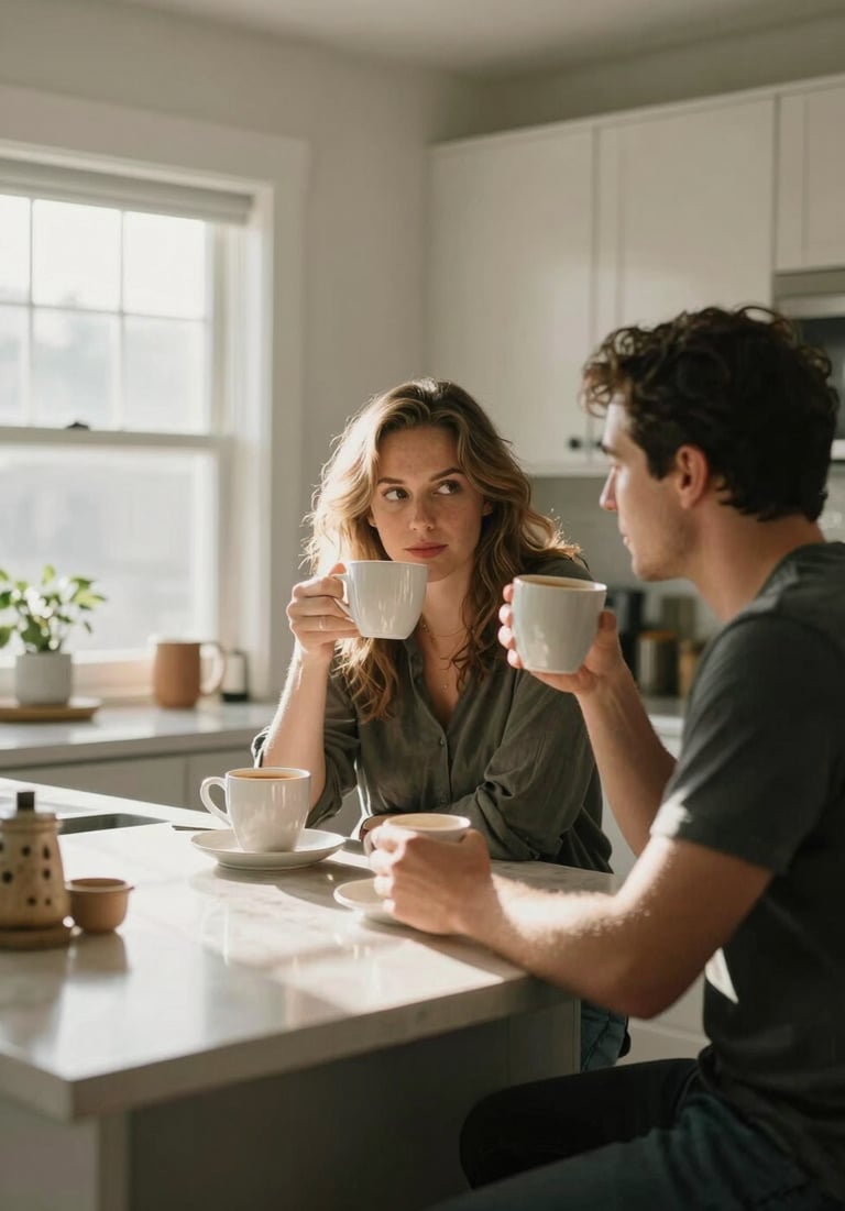 A lifestyle shot of a couple sharing coffee in a sunlit kitchen, authentic morning light in a North American home.
