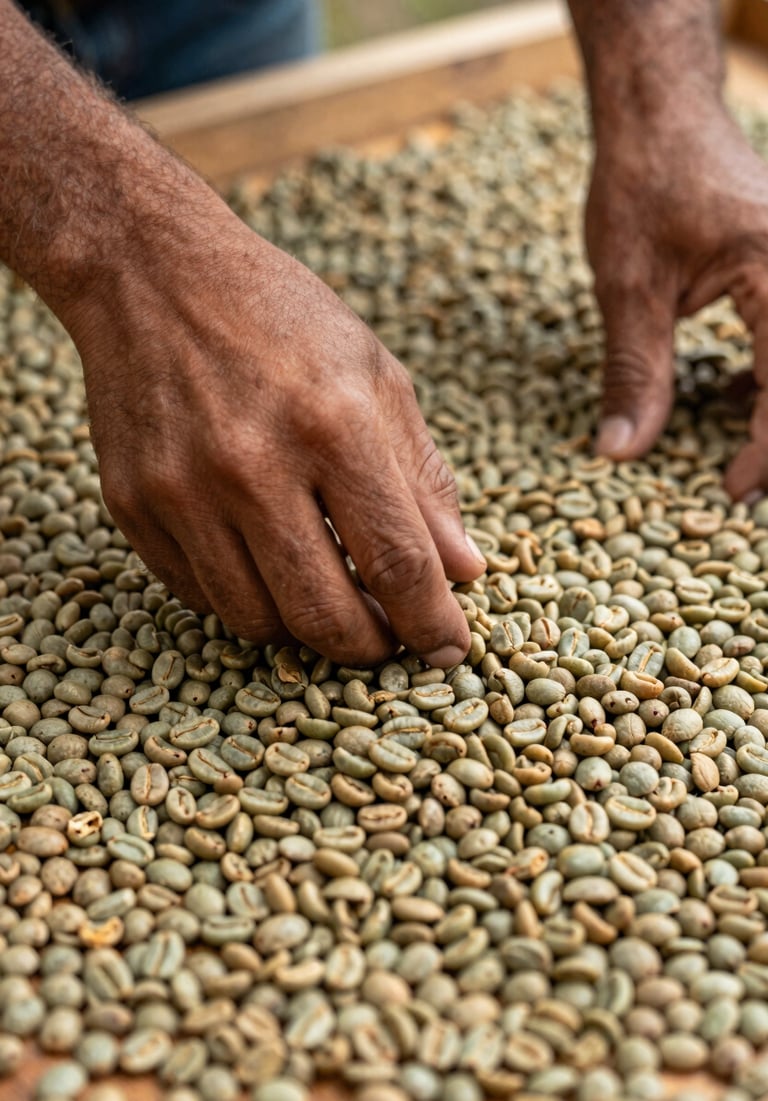 Close-up of a person with a South American / Latin complexion raking green coffee beans on a wooden drying platform. The focus is on the movement and the texture of the beans.