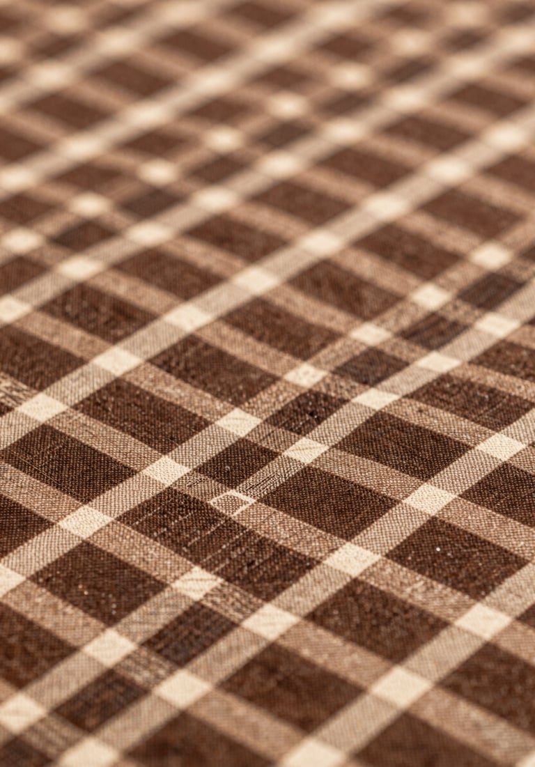 A macro shot of a traditional Nigerian textile with a modern geometric twist, using #8D765D and #3D2C20 silk threads.