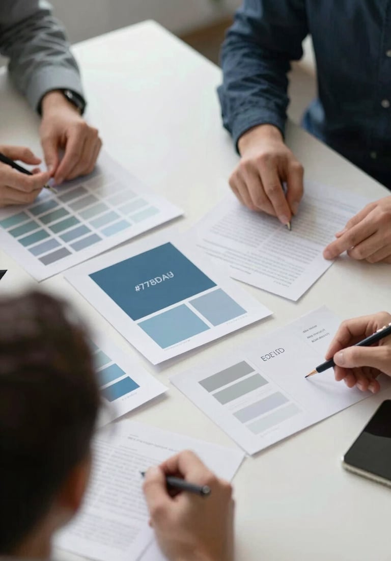 An overhead view of a brand strategy session, with color swatches and mood boards featuring #778DA9 and #E0E1DD. The atmosphere is collaborative and professional.