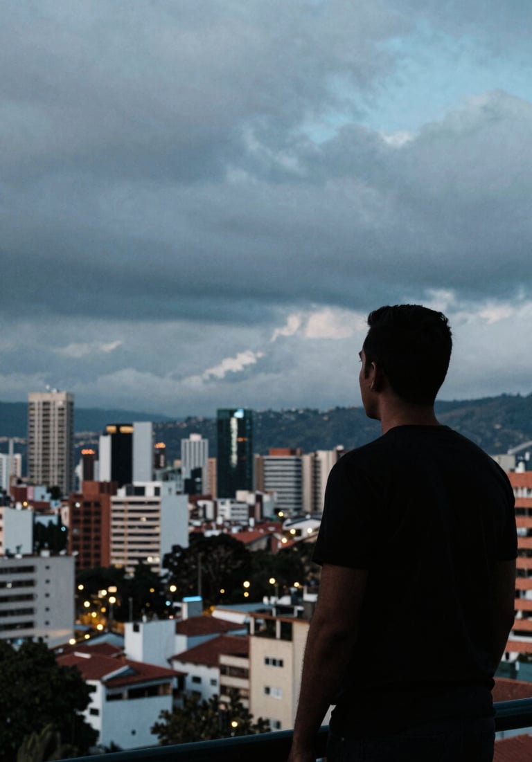 A silhouette of a man looking out over the Bogotá skyline at dusk, moody sky with hints of electric blue. Cinematic composition, South American / Colombian urban environment.