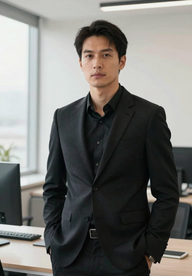 A male professional in a modern North American / European office setting, natural light, clean lines, midnight black and bright off-white color palette.