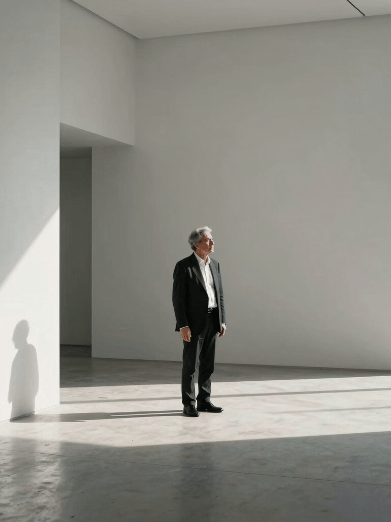 A candid moment in a minimalist architectural space with natural light and soft shadows in white and gray. International / Professional.