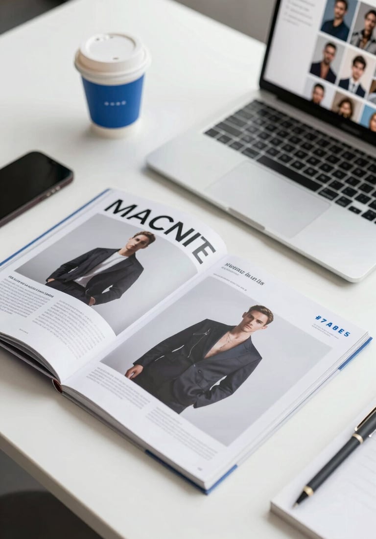 Top-down view of an office desk with high-end fashion magazines, a laptop displaying talent profiles, and a designer coffee cup, featuring #74A8AE accents.