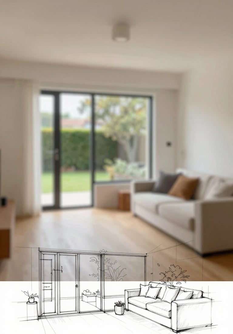A refined hand-drawn sketch of a home renovation, highlighting the flow between indoor and outdoor spaces.