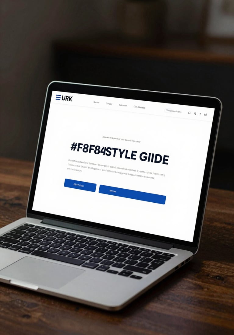 A laptop on a dark wooden desk showing a brand style guide document. The lighting is focused and professional, highlighting #F8F8F4 and #0F1E2E.