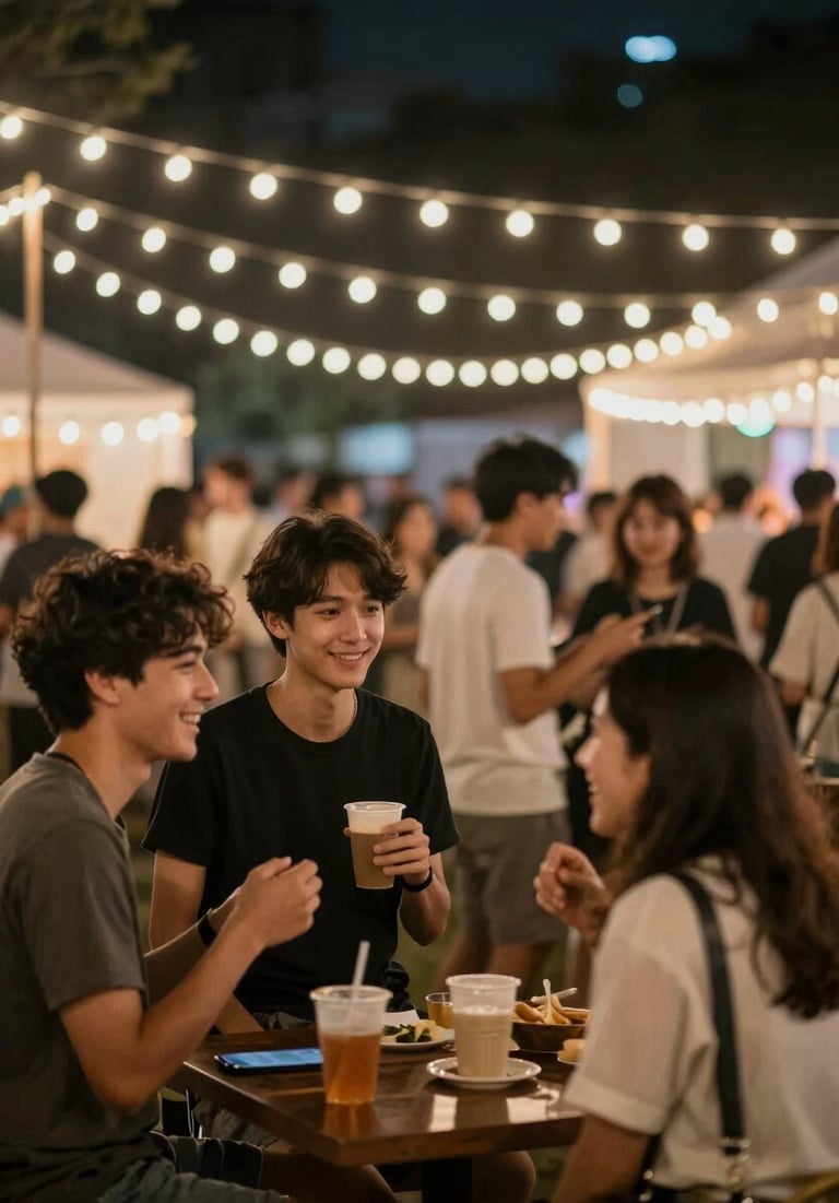 Vibrant night shot of an outdoor event, fairy lights, people interacting, friendly and human-centric atmosphere using #403B3B and #F2F1ED.