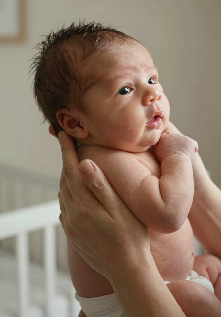 Detailed shot of hands holding a newborn baby in a warm, cinematic North American nursery. Authentic lifestyle photography, soft lighting, natural colors.