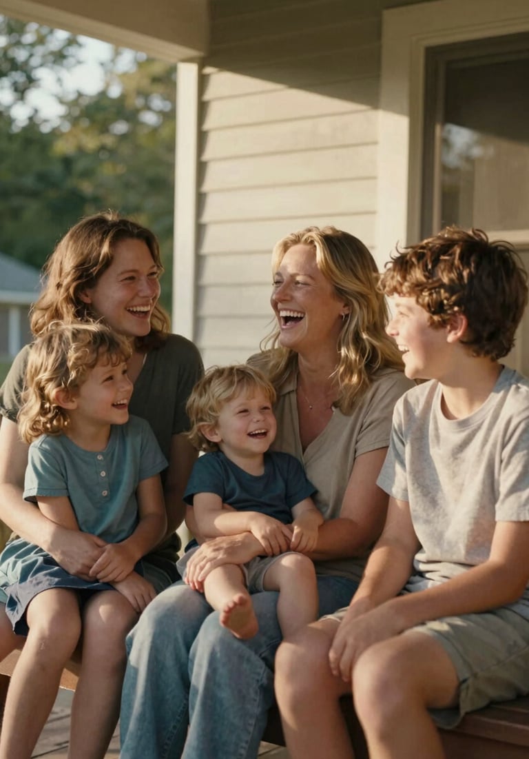 Cinematic portrait of a family laughing together on their North American front porch. The lighting is warm and sun-drenched, emphasizing genuine connections.
