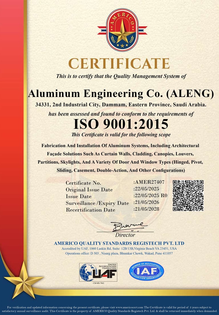 حصلت شركة ALENG على شهادة ISO 9001:2015 لنظام إدارة الجودة، مما يعكس التزامنا بأعلى معايير الجودة ف