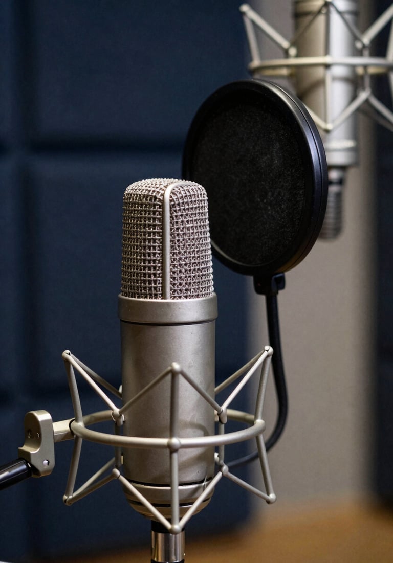 Detail of a professional condenser microphone with a pop filter in a recording booth. Artistic lighting casting shadows in dark navy. Professional and sophisticated style. Southern European / Spanish context.