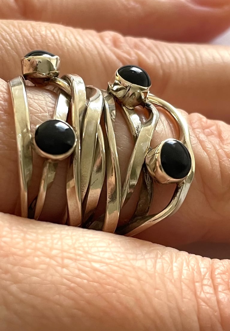 Modernist Statement Sterling Ring wtih Black Stones