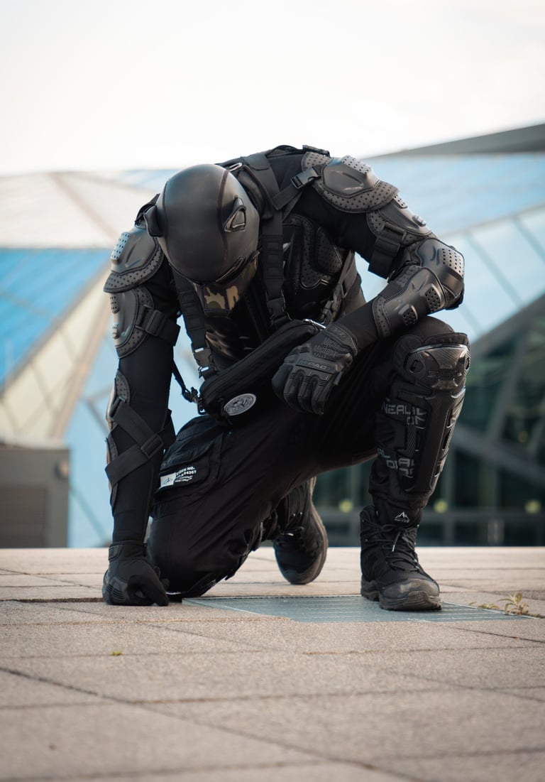A man o his knees with his head bowed, wearing a pup mask.