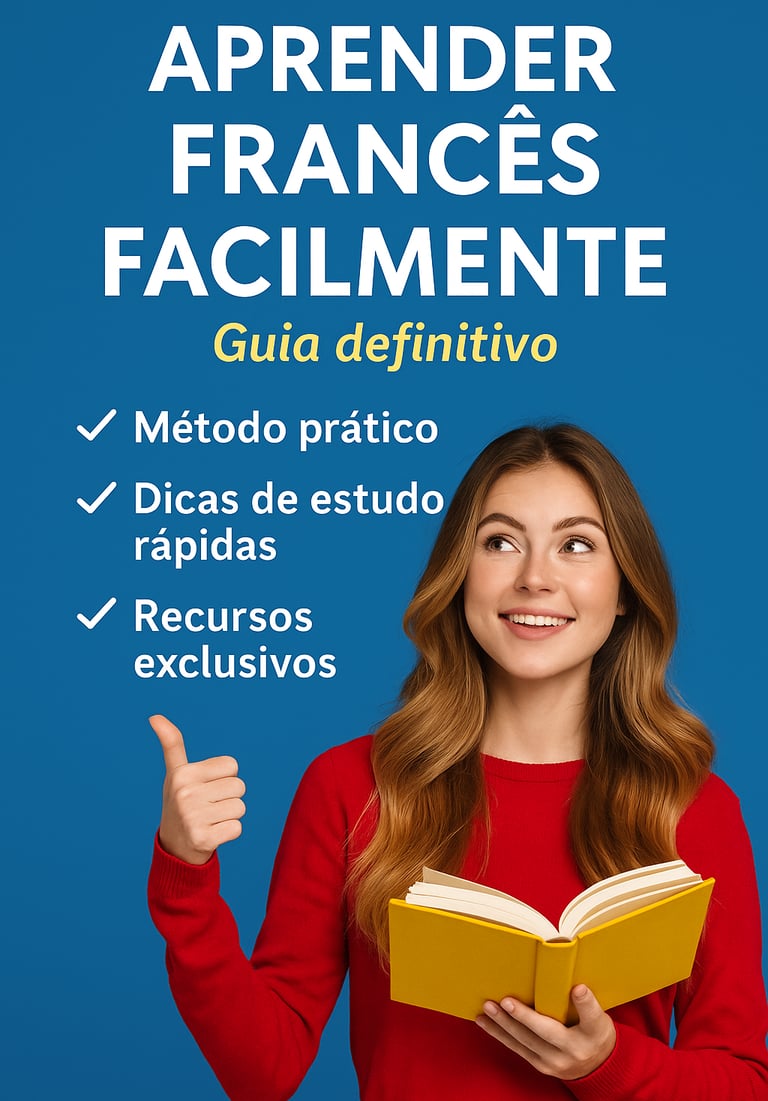 Uma jovem sorridente segura o livro “Aprenda francês facilmente – O guia definitivo”, transmitindo m