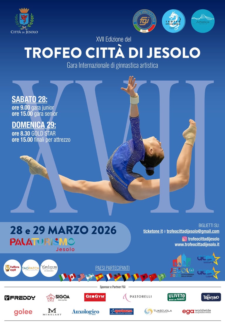 Poster for Trofeo Città di Jesolo 2026 gymnastics competition featuring a gymnast in a leap.