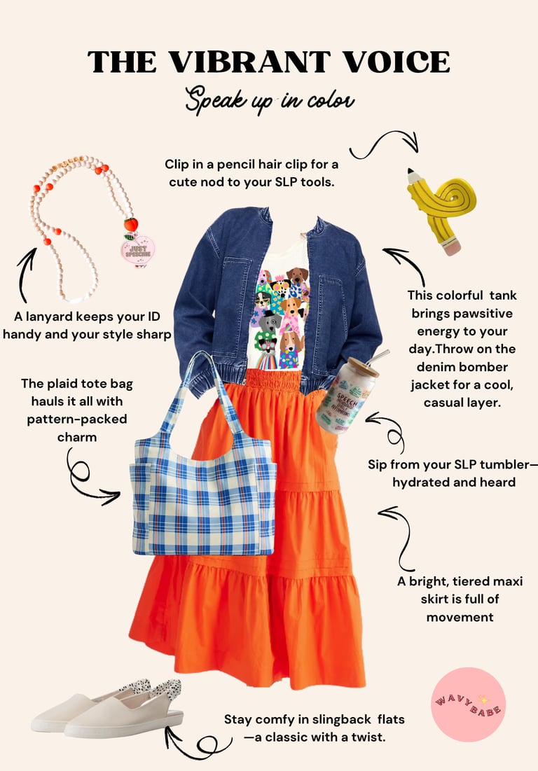 school outfit for speech therapist with words "the vibrant voice"