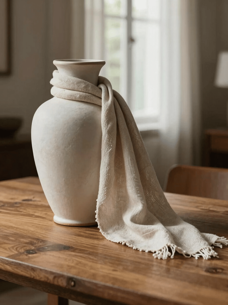 Editorial style photograph of a classic sculptural ceramic vase and a delicate linen scarf draped over a warm sand-colored wooden table. Elegant interior design, soft diffuse window light in a Brazilian home.