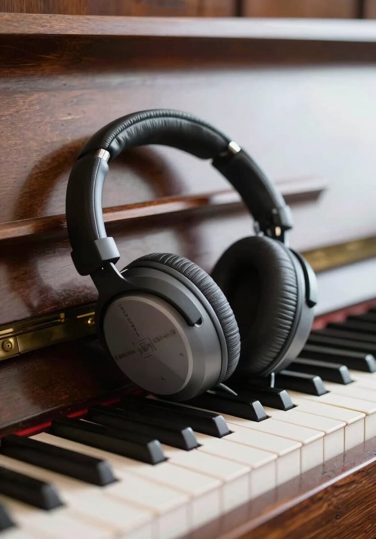 Close-up of a pair of headphones resting on a wooden piano bench, soft natural light, warm stone grey and muted rosy brown, North American / US music room.