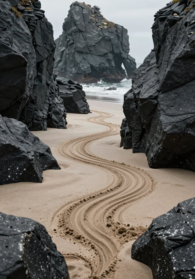 Cinematic shot of deep charcoal grey sea stacks rising from a soft sand beach, with intricate sand art patterns winding between the rocks.