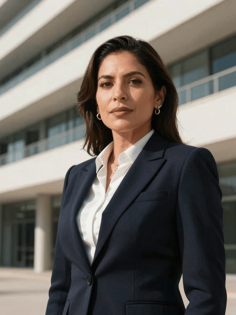 A confident professional portrait of a Mexican / Latin American woman in dark business attire, looking directly at the camera in a modern architectural building with crisp lines and bright daylight.