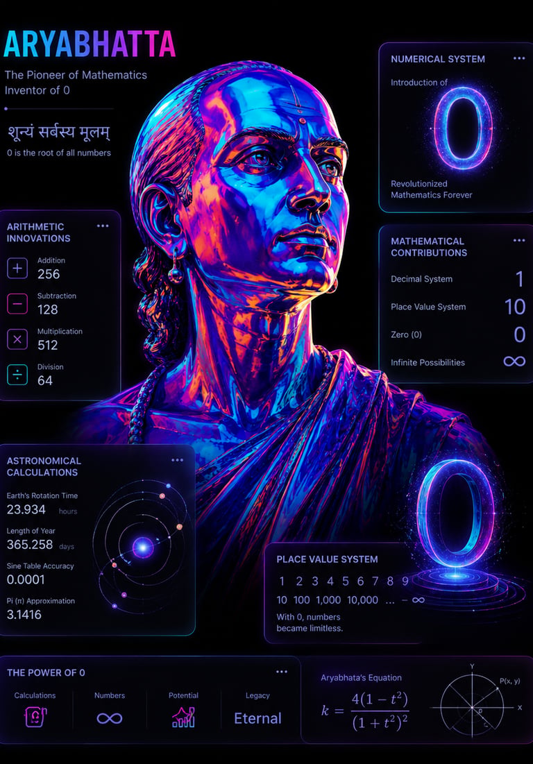 Infographic portrait of ancient Indian mathematician Aryabhatta detailing his contributions to zero, decimal system, and