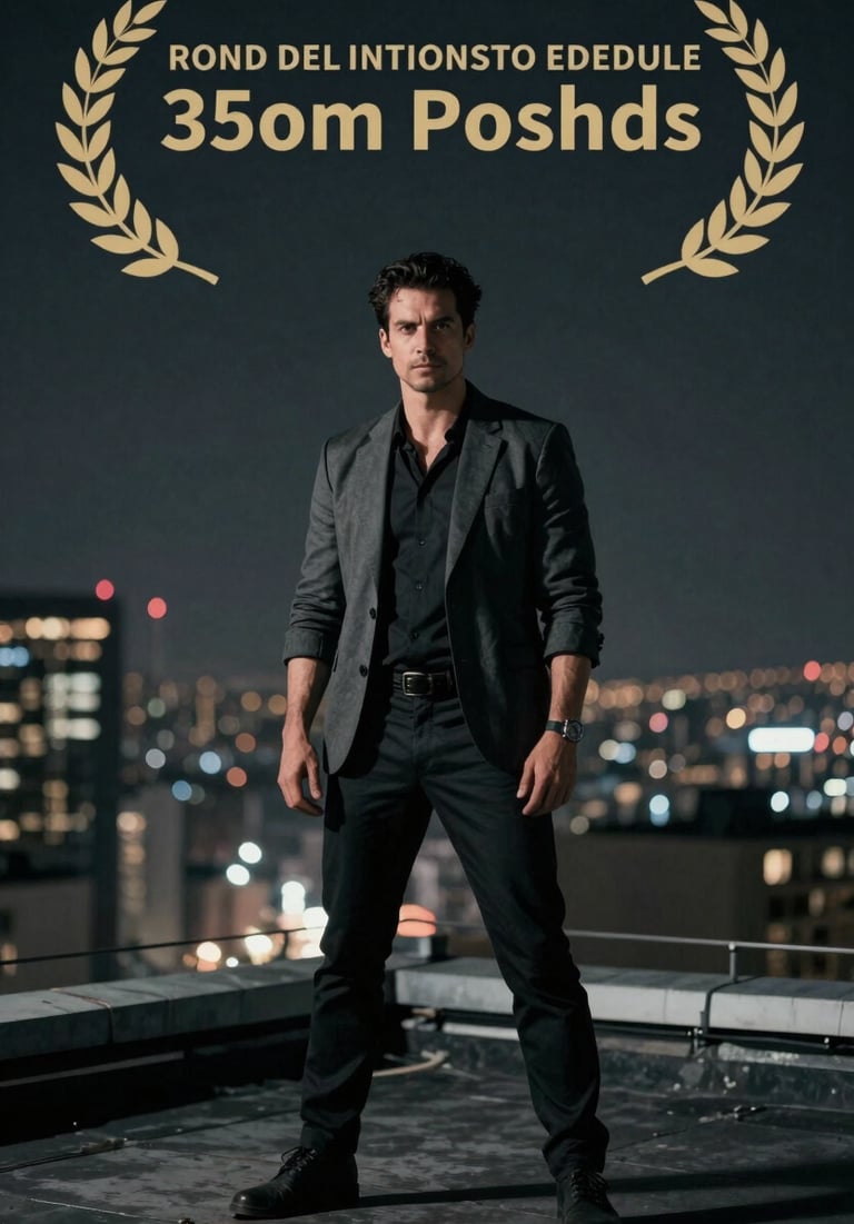 Cinematic wide shot of a man standing on a rooftop at night, city lights blurred in Charcoal Grey, powerful posture.