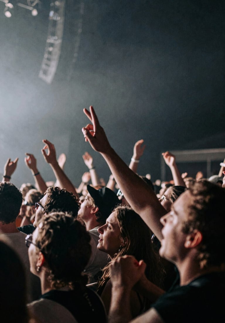 A crowd surfing fan reaching out towards the stage. Dark, raw energy of a live show, captured in high contrast gray and light gray. Professional, artistic style. Western European / Dutch concert.