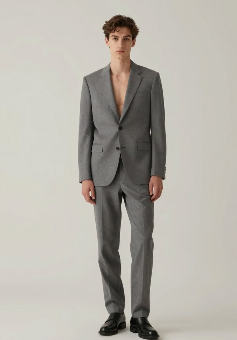 Wide shot of a minimalist fashion studio with a model in a sophisticated grey suit, neutral color palette, refined elegance.