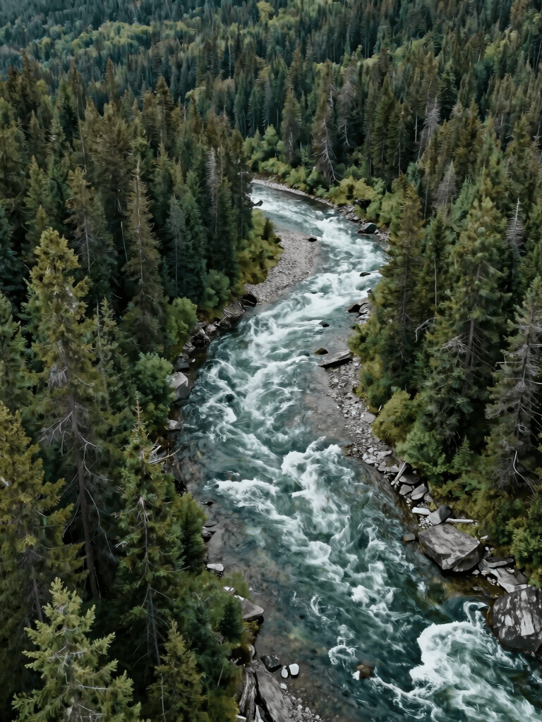 A cinematic aerial view of a winding river flowing through a deep green coniferous forest, North American wilderness, sharp detail and natural green tones.