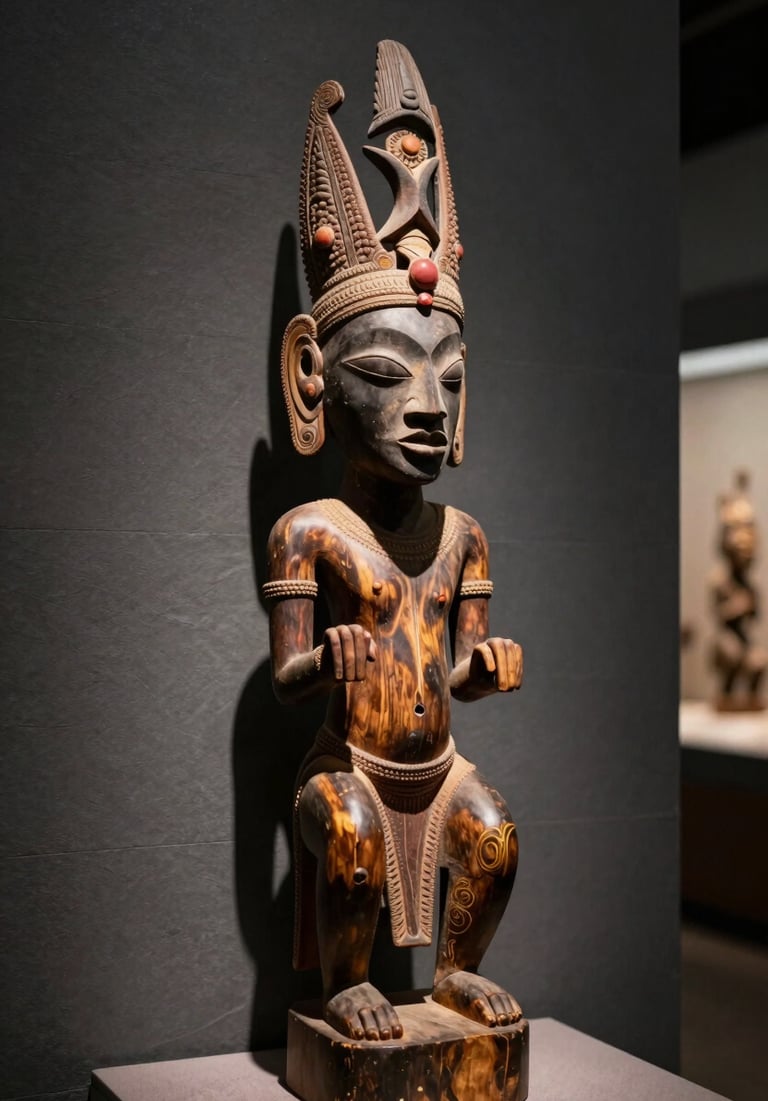 A close-up of a traditional Angolana wooden sculpture displayed in a museum gallery, spotlighted with dark gold light against a dark slate grey wall.