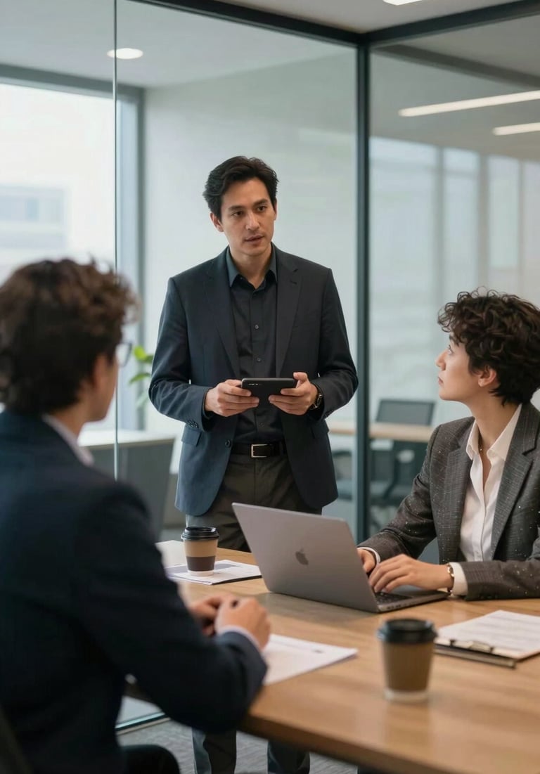 A photograph of a designer explaining a website concept to a client in a North American / US corporate meeting room with glass walls.
