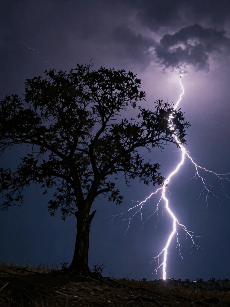 A detailed shot of a single bolt of lightning hitting a lone tree on a hilltop, dramatic contrast, midnight navy backdrop, International / Western.