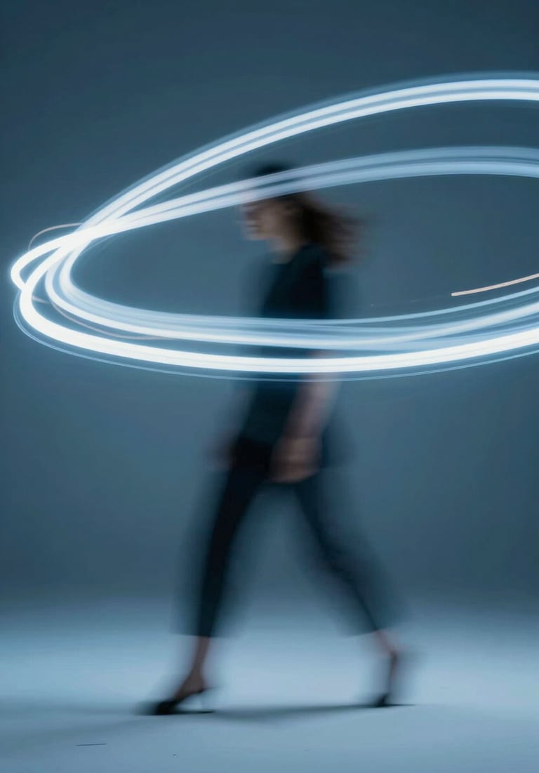 Dynamic movement of light trails in a studio, artistic long exposure effect, palette of #3D5A80 and #98C1D9.