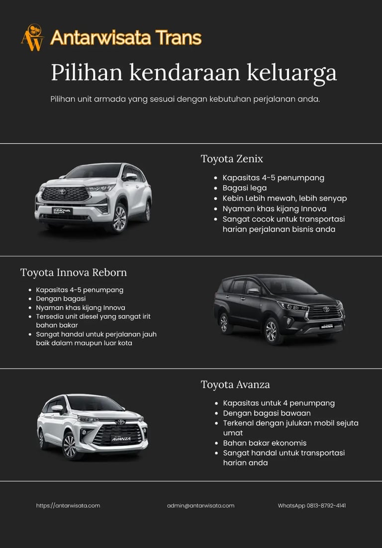 Brosur pilihan mobil sewa keluarga Antarwisata Trans. Toyota Zenix, Innova Reborn dan Toyota Avanza.