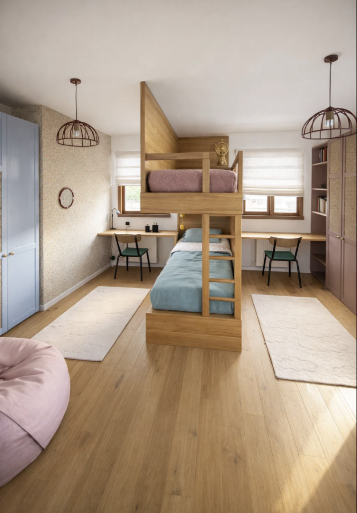 Modern shared kids bedroom featuring a central wooden bunk bed with integrated desks and hardwood flooring.