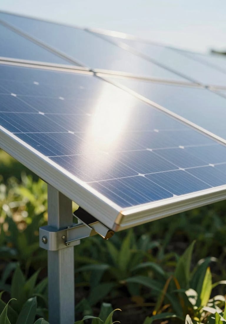 Close-up detail of modern solar panel glass reflecting the bright sun of Provence, with lush green agricultural foliage visible beneath the structure. Modern, eco-conscious style.